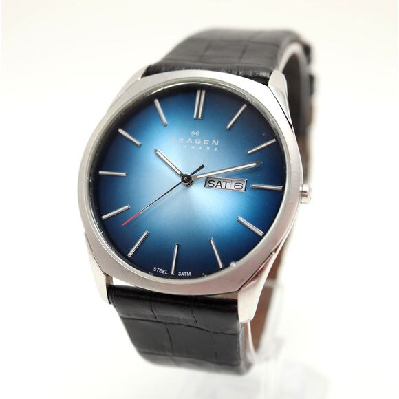 Skagen Mens Day Date Slim Dress 41mm Blue Watch Black Leather w New Battery - Picture 1 of 16